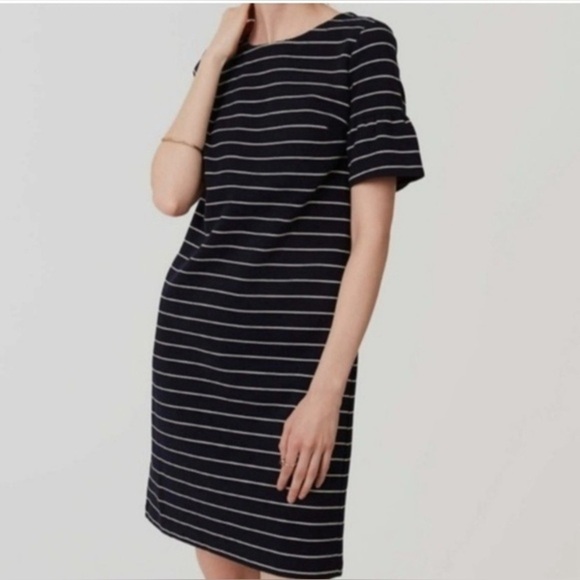 LOFT Dresses & Skirts - LOFT navy white stripe ruffle sleeve dress size M